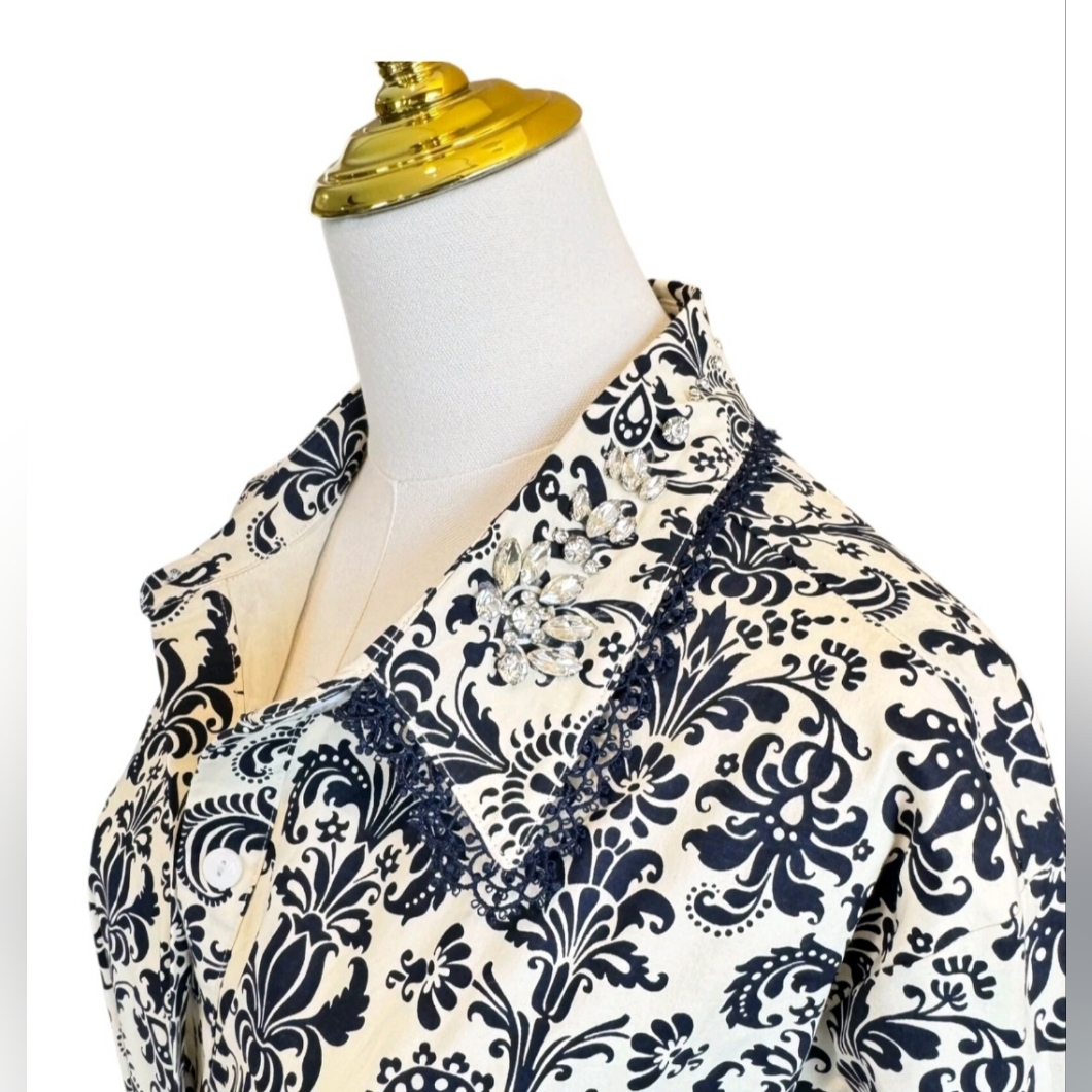 Trish Scully Constance Maxi Dress Navy Damask Sz 14 Jewel Collar Long Sleeve Nwt — image 4 of 7